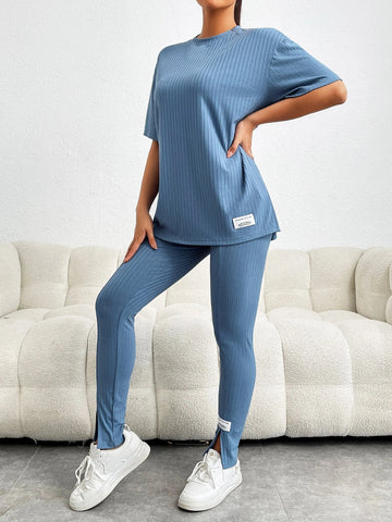 Letter Patched Drop Shoulder Tee & Split Hem Leggings