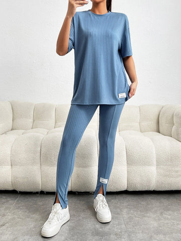 Letter Patched Drop Shoulder Tee & Split Hem Leggings