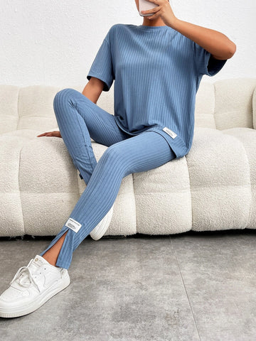 Letter Patched Drop Shoulder Tee & Split Hem Leggings