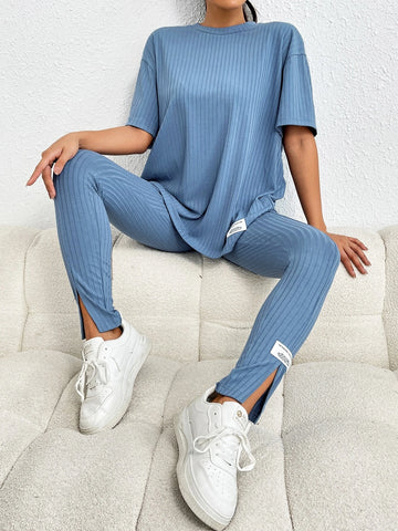 Letter Patched Drop Shoulder Tee & Split Hem Leggings