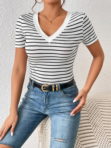 Frenchy Striped Print V Neck Tee