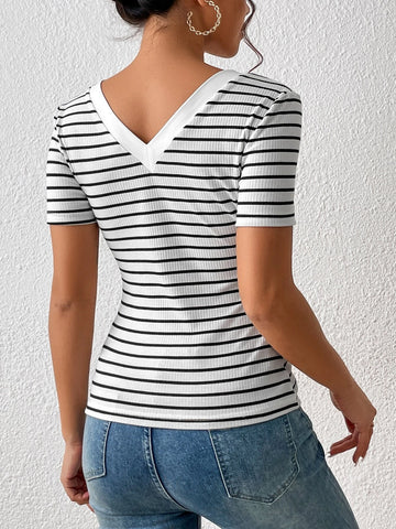 Frenchy Striped Print V Neck Tee
