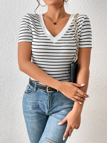 Frenchy Striped Print V Neck Tee