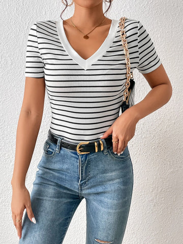 Frenchy Striped Print V Neck Tee
