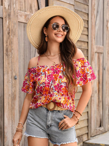 EMERY ROSE Floral Print Cold Shoulder Blouse