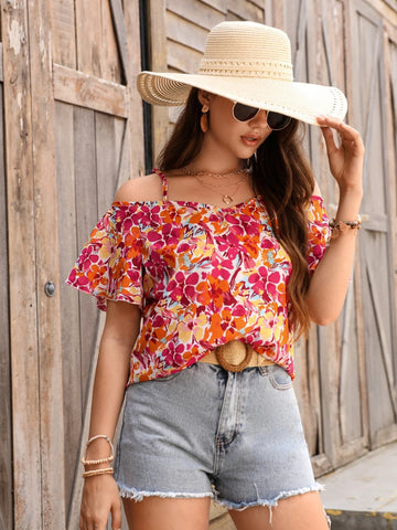 EMERY ROSE Floral Print Cold Shoulder Blouse