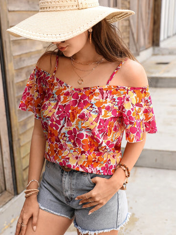 EMERY ROSE Floral Print Cold Shoulder Blouse
