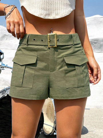 EZwear Western Cowgirl Flap Pocket Belted Cargo Shorts