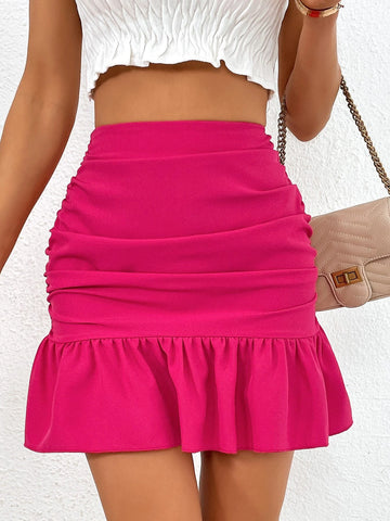 Unity Solid Ruched Ruffle Hem Skirt