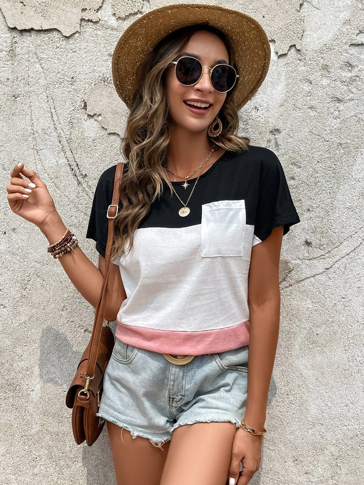 EMERY ROSE Colorblock Batwing Sleeve Pocket Patched Tee