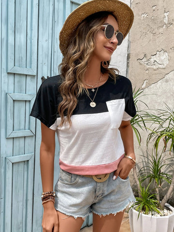 EMERY ROSE Colorblock Batwing Sleeve Pocket Patched Tee