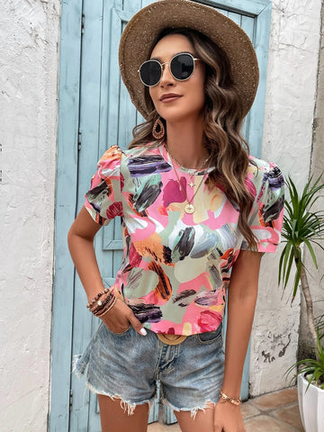EMERY ROSE Allover Print Puff Sleeve Tee