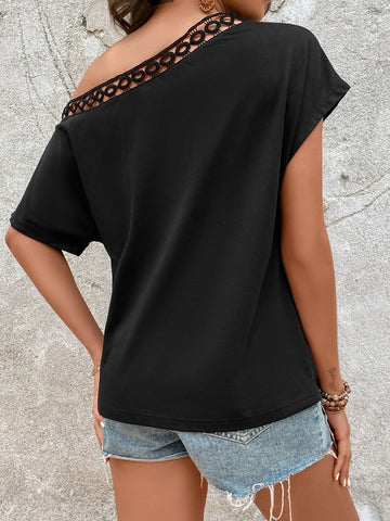 EMERY ROSE Contrast Lace Asymmetrical Neck Batwing Sleeve Tee