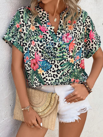 EMERY ROSE Leopard & Tropical Print Batwing Sleeve Popover Blouse