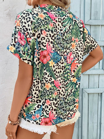 EMERY ROSE Leopard & Tropical Print Batwing Sleeve Popover Blouse