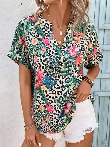 EMERY ROSE Leopard & Tropical Print Batwing Sleeve Popover Blouse