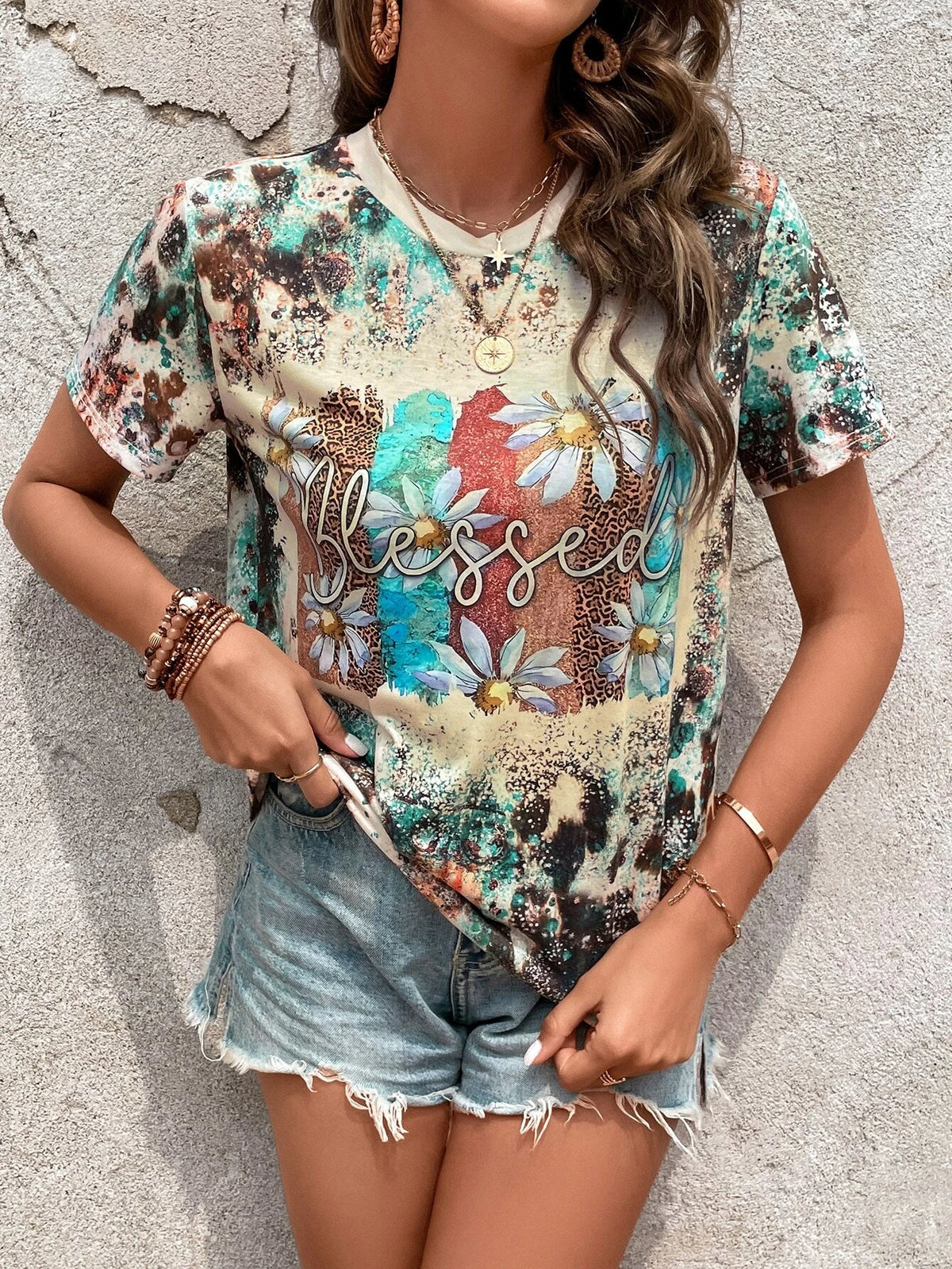EMERY ROSE Letter & Floral Print Tee