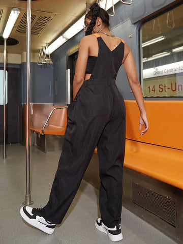 Lace Up Front Cargo Overall Jumpsuit Without Tube Top