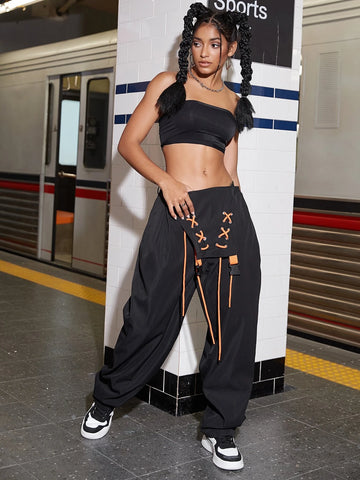 Lace Up Front Cargo Overall Jumpsuit Without Tube Top