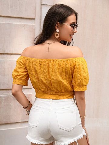 EMERY ROSE Off Shoulder Knot Hem Schiffy Blouse