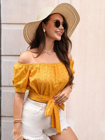 EMERY ROSE Off Shoulder Knot Hem Schiffy Blouse