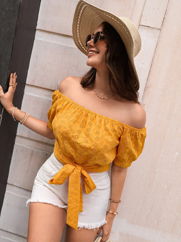 EMERY ROSE Off Shoulder Knot Hem Schiffy Blouse