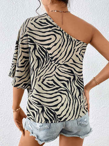 Unity Zebra Striped One Shoulder Batwing Sleeve Blouse