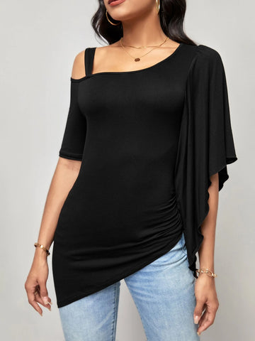 EMERY ROSE Solid Asymmetrical Neck Ruched Hem Tee