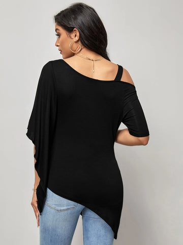 EMERY ROSE Solid Asymmetrical Neck Ruched Hem Tee