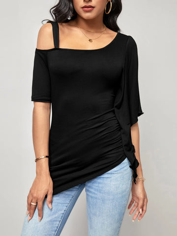 EMERY ROSE Solid Asymmetrical Neck Ruched Hem Tee