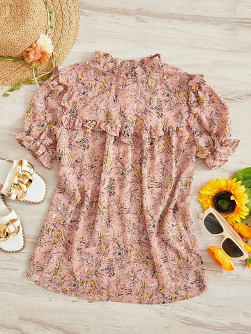 EMERY ROSE Floral Print Frill Trim Puff Sleeve Blouse