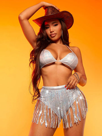 Tie Backless Crop Halter Top & Fringe Trim Shorts