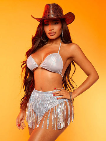 Tie Backless Crop Halter Top & Fringe Trim Shorts