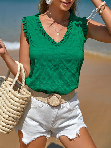 Frenchy Solid Frill Trim Sleeveless Blouse