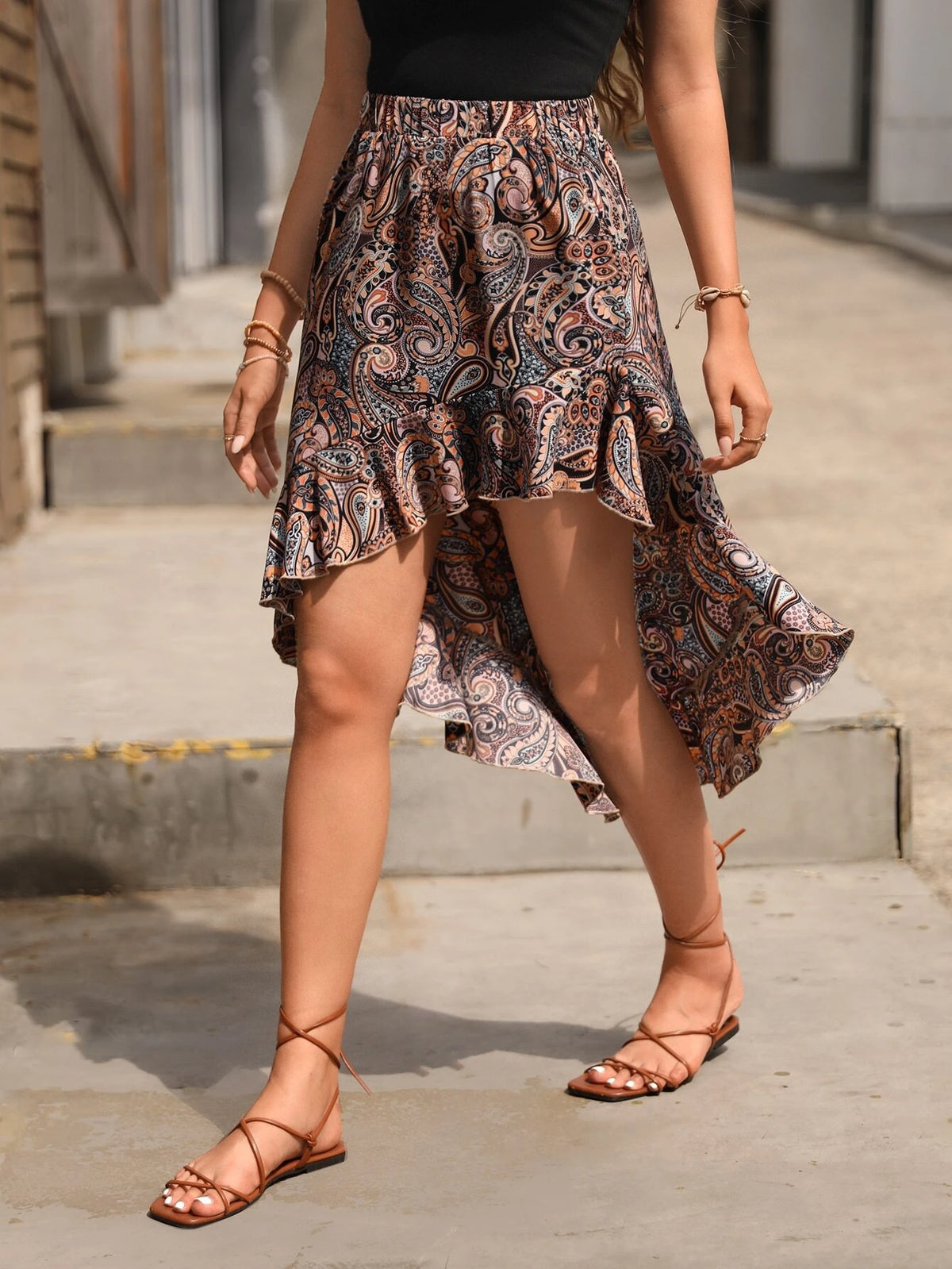 EMERY ROSE Paisley Print Ruffle Hem Skirt