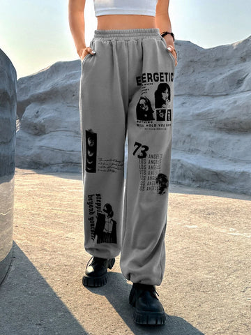 EZwear Western Cowgirl Figure & Slogan Graphic Slant Pocket Sweatpants