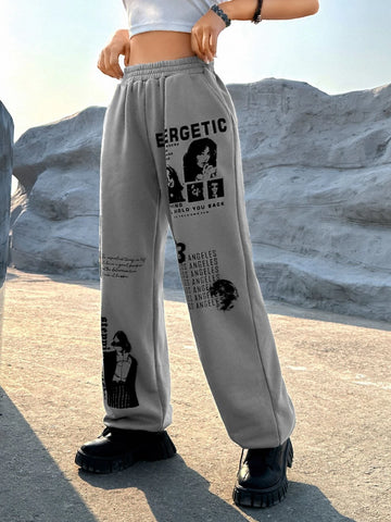 EZwear Western Cowgirl Figure & Slogan Graphic Slant Pocket Sweatpants
