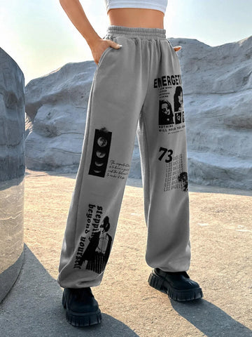 EZwear Western Cowgirl Figure & Slogan Graphic Slant Pocket Sweatpants
