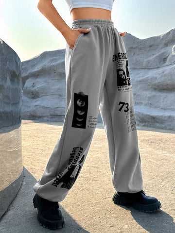 EZwear Western Cowgirl Figure & Slogan Graphic Slant Pocket Sweatpants