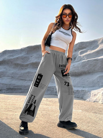 EZwear Western Cowgirl Figure & Slogan Graphic Slant Pocket Sweatpants