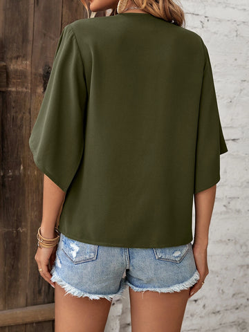 Solid Split Sleeve V Neck Blouse