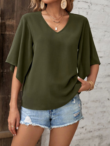 Solid Split Sleeve V Neck Blouse
