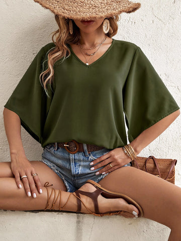 Solid Split Sleeve V Neck Blouse