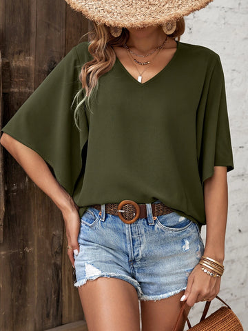 Solid Split Sleeve V Neck Blouse