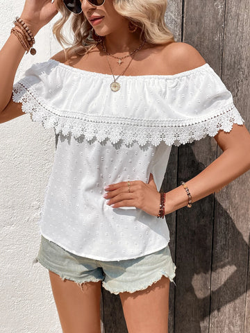 Swiss Dot Off Shoulder Guipure Lace Panel Swiss Dot Contrast Guipure Lace Blouse