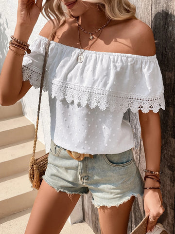 Swiss Dot Off Shoulder Guipure Lace Panel Swiss Dot Contrast Guipure Lace Blouse