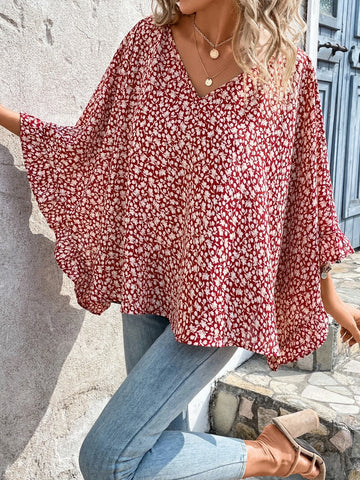 EMERY ROSE Ditsy Floral Print Batwing Sleeve Blouse