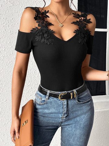 EMERY ROSE Appliques Cold Shoulder Ribbed Knit Bodysuit