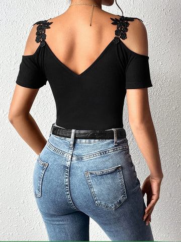 EMERY ROSE Appliques Cold Shoulder Ribbed Knit Bodysuit