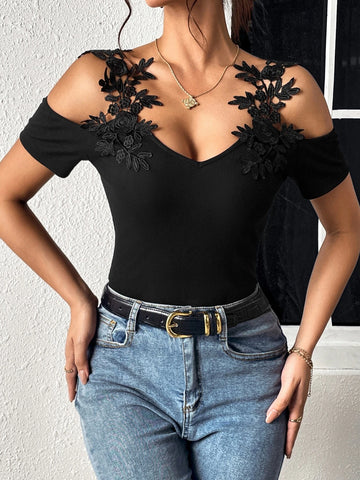 EMERY ROSE Appliques Cold Shoulder Ribbed Knit Bodysuit